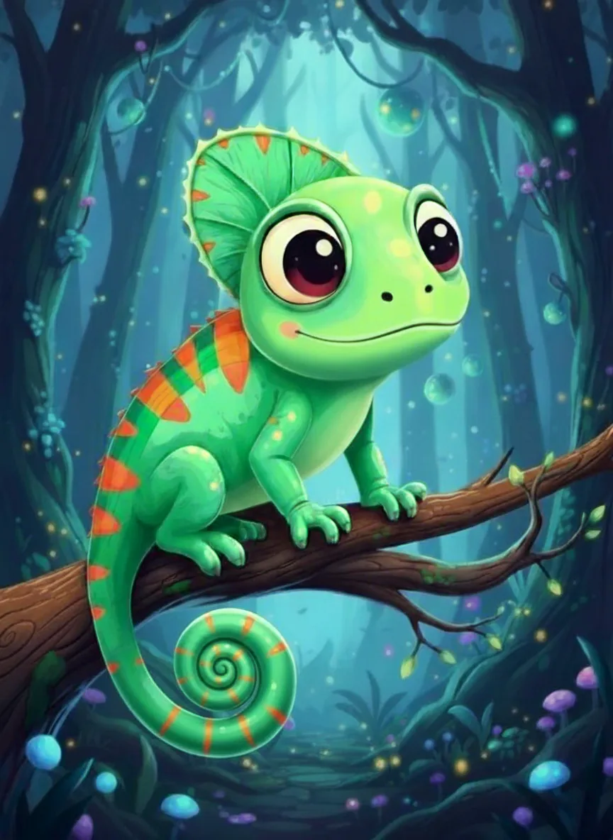 O Aurean, camaleão guardião, num galho da floresta do Reino de Arven